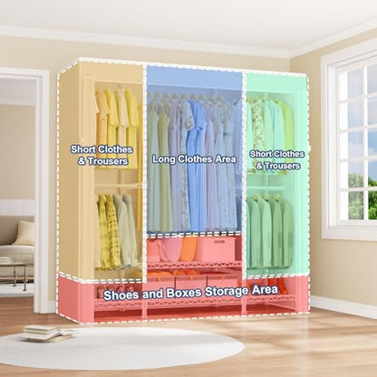 E3C White Clothes Rack with Beige Cover, Heavy Duty Garment Rack | Freestanding Metal Closet System Storage Organizer for Clothing, Clothing Rack Holds up to 850 lbs, 59.5"W x 16.5"D x 77.4"H - color: White Rack with Beige Cover