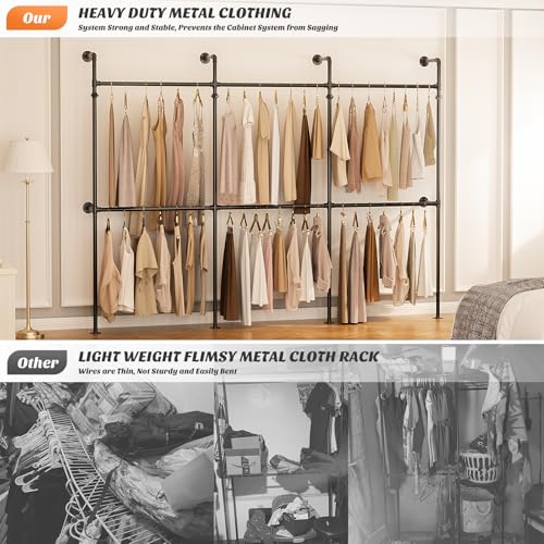 Aheaplus Industrial Pipe Clothing Rack, Reversible 9.85FT Clothes Rack for Hanging Clothes, Heavy Duty Garment Racks, Wall Mounted Closet Wardrobe Racks, Corner L Shaped Walk-in Closet System, Black - size: 118 inches