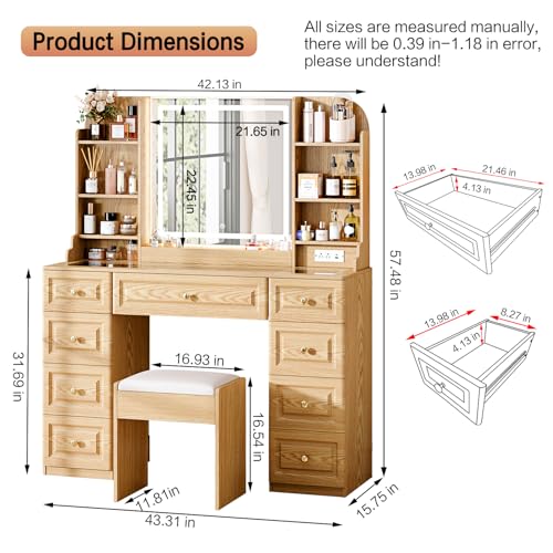 Arulvmrn 43" Makeup Vanity Desk with Mirror and Lights, & Power Outl, Glass Top Big Vanity Table with 9 Drawers& 8 Storage Shelves, Dressing Table Set with Chair for Bedroom, Wood - color: Wood