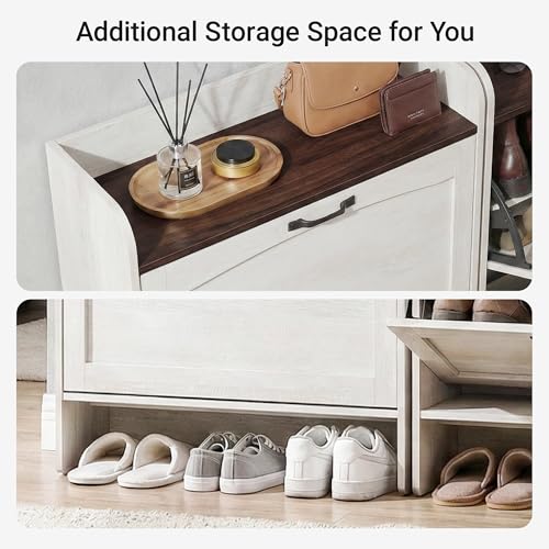 31.4“W Slim Shoe Storage Cabinet with 2 Flip Drawers and Adjustable Shelves | Narrow Shoe Cabinet Storage for Entryway, Farmhouse Hidden Shoe Storage for Hallway, Warm Gray-white