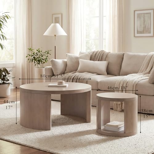 Round Nesting Coffee Table Set of 2, 31.5 & 18 in, Gray | Round coffee tables for living room, 2 in 1 nesting tables, nest or use separately, rounded edges, space-saving design - color: Grey