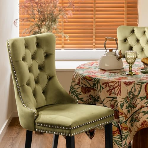 Velvet Upholstered Dining Chairs Set of 4, Modern Style Kitchen Side Chairs with Nailhead Trim and Wood Legs,Metal Pulling Ring for Dining Room Living Room(Olive Green,Set of 4) - color: Olive Green, size: Set of 4