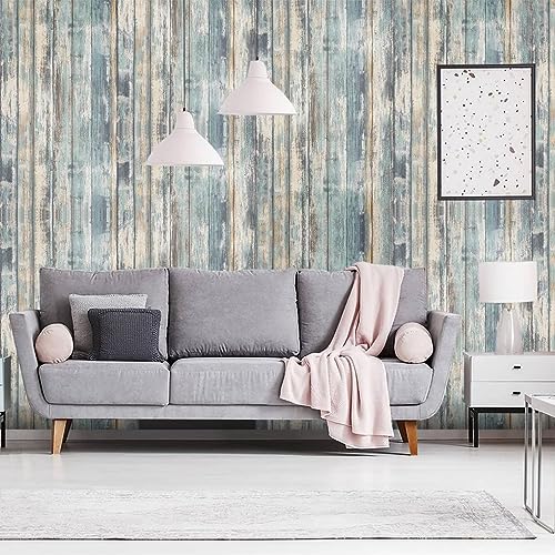Arthome 17''x120'' Blue Rustic Wood Paper Self-Adhesive Removable Peel and Stick Wallpaper Vinyl Decorative Wood Plank Film Vintage Wall Covering for Furniture Easy to Clean Wooden Grain Paper - color: Blue Wood, size: 17" x 120"