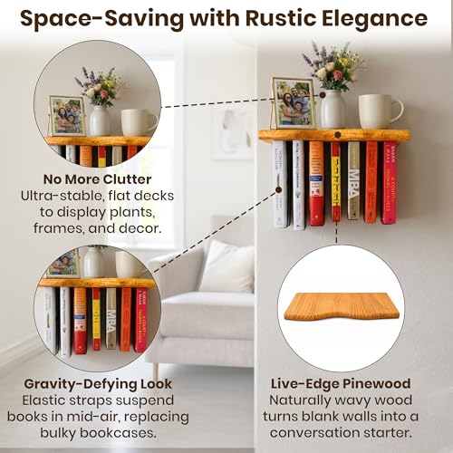 Pine Wood Floating Shelves for Wall, 2 Pack, 15.7 Inch, Light Brown | Two live edge pine shelves with hidden brackets; each 15.7 inches long and supports books, photos or plants up to 66 lb. - color: Light Brown