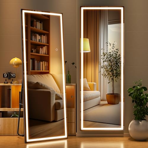 Full Length Mirror with Lights, 56" x 18" LED Lighted Floor Standing Body Mirror, Dimmable & 3 Color Lighting for Bedroom, Cloakroom, Dressing Room, Tempered Glass, Square Black - color: Black, size: 56"L x 18"W