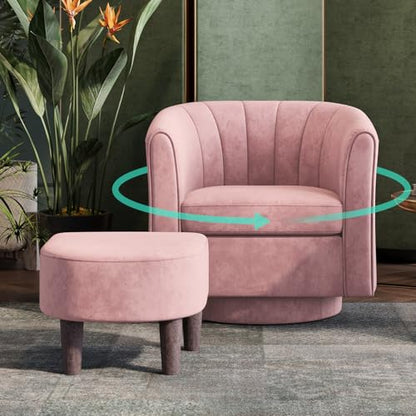 LINSY Swivel Accent Chair Ottoman Set: Velvet Small Barrel Chair with Foot Rest, Modern Reading Chair Upholstered Armchair with Footrest for Living Room Bedroom Study Room Office (Pink) - color: Pink, size: Small