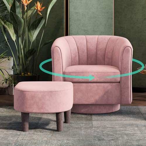 LINSY Swivel Accent Chair Ottoman Set: Velvet Small Barrel Chair with Foot Rest, Modern Reading Chair Upholstered Armchair with Footrest for Living Room Bedroom Study Room Office (Pink) - color: Pink, size: Small