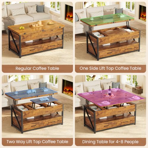 Itaar 40" Lift Top Coffee Table with 2 Drawers Storage for Living Room | Rustic Brown 4 in 1 Expandable Coffee Table with 2 Drawers & LED Light & Hidden Compartmen for Dining Living Room Table - color: Rustic Brown 2