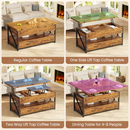 Itaar 40" Lift Top Coffee Table with 2 Drawers Storage for Living Room | Rustic Brown 4 in 1 Expandable Coffee Table with 2 Drawers & LED Light & Hidden Compartmen for Dining Living Room Table - color: Rustic Brown 2