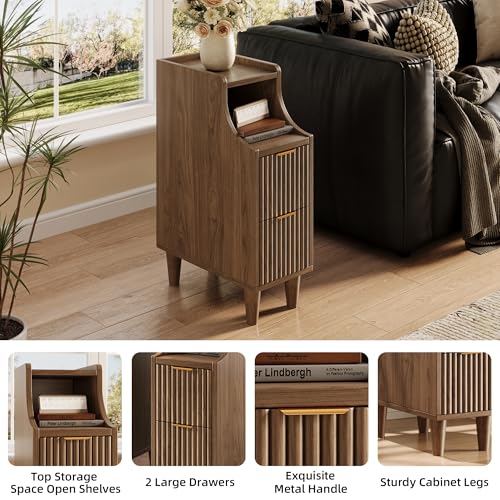 Fluted Nightstands Set of 2,Narrow Bedside Table with 2 Drawers & Storage, Farmhouse Walnut End Table Modern Side Table for Bedroom Livingroom Sofa Office - color: Walnut,7.9" With 2 Drawers