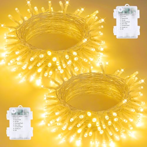 2 Pack 100 LED Battery Operated String Lights, 8 Modes Twinkle Fairy Lights | 33FT Warm White Christmas Lights Indoor Outdoor, Waterproof Battery Lights for Bedroom Party Porch Tree Holiday Decorations - color: Warm White, size: 2PK(50LED)