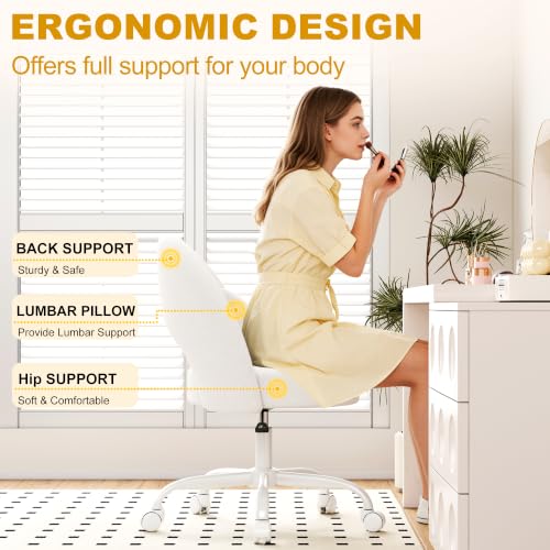 Misolant Vanity Chair with Back, Armless Cute Office Chair with Wheels for Girls, Teddy Fleece Fabric Small Desk Chairs with Adjustable Height, Lumbar Support Pillow, 360°Swivel for Makeup Room, White - color: White
