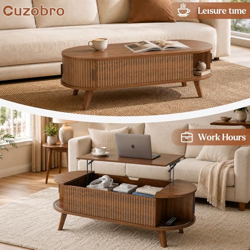 Oval Lift Top Coffee Table with Storage, 47.2" Mid Century Modern Fluted Coffee Table with Sliding Tambour Doors & Hidden Compartment, for Living Room Home Office, Walnut - color: Walnut Oval