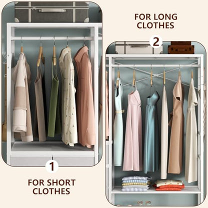 Freestanding Clothes Rack with 5 Drawers & 4 Storage Shelves,2 Hanging Rods | 59.1" W*70.9" H Heavy Duty Clothing Rack, Wardrobe Closet Organizer System with 5 Hooks, Garment Rack (White) - color: White
