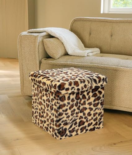 Luxe Faux Fur Storage Ottoman, Leopard, 15 x 15 x 15 in | Engineered Wood, Tool-Free Assembly, Modern Style, Seat And Footrest - color: Leopard, size: 15"D x 15"W x 15"H