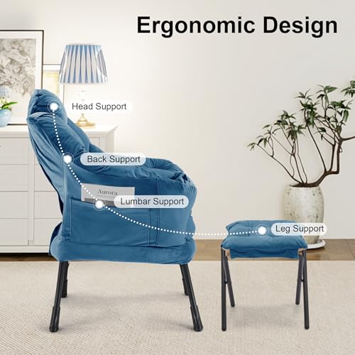 Lazy Chair with Ottoman, Modern Accent Lounge Chair with Side Pocket and Armrests, Cozy Reading Armchair with Footrest, Upholstered Sofa Chair for Small Spaces, Bedroom Living Room, Blue - color: Blue