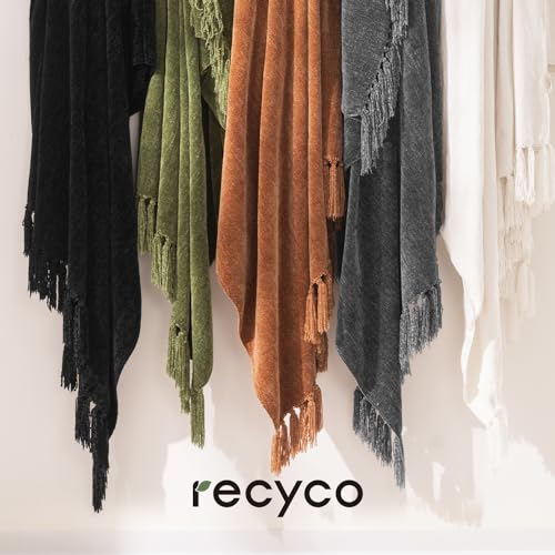 RECYCO Chenille Throw Blanket for Couch, 60"x80", Black | Super Soft Knit Throw Blanket with Fringe Tassels, Lightweight Knitted Throw, Cozy, Ideal for Sofa Chair Bed Living Room Gift - color: Black, size: 60'' X 80''