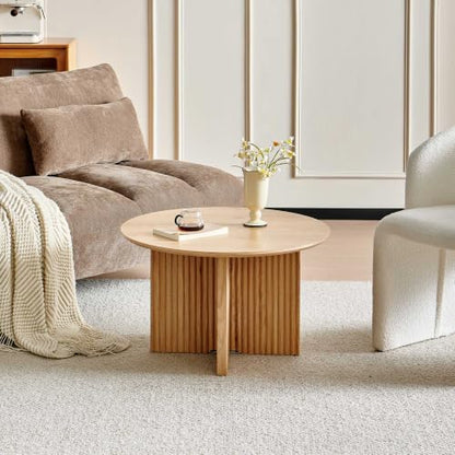 27" Round Coffee Table, Mid Century Modern Coffee Tables with Fluted Base, Wooden Circle Accent Center Table for Living Room Small Space Apartment Office, Oak - color: Oak, size: 27" Cross-leg Table