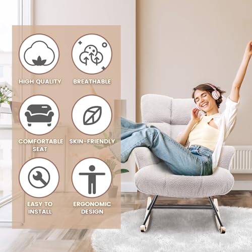 Rocking Chair Nursery Teddy Upholstered Glider Rocker Rocking Accent Chair Padded Seat with High Backrest Armchair Comfy Side Chair for Living Room Bedroom Offices (Grey Teddy) - color: Grey