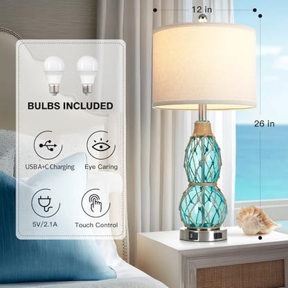 Rinweey 26" Coastal Glass Table Bedside Lamps Set of 2, 3-Way Dimmable Touch Lamps with USB Ports and AC Outlet, Nautical Nightstand Lamps for Bedroom Living Room,Teal - color: Teal