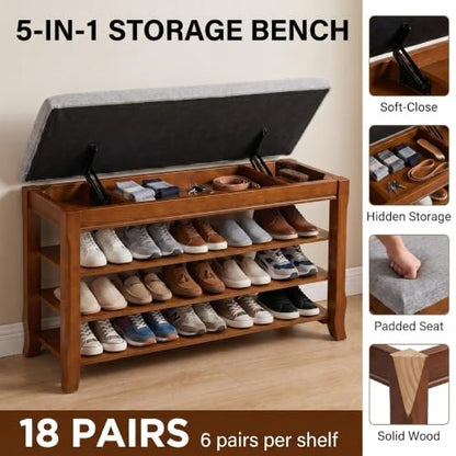 Solid Wood Shoe Rack for Entryway Bench, Flip-Top Soft-Close Lid, 47.2'' | 550 lbs Max Load, Adjustable Shelves, Cushioned Entryway Shoe Storage Organizer for Mudroom, Hallway - size: 47.2''
