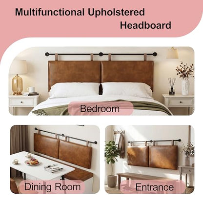 Queen Size Headboard, Wall Mounted Hanging Upholstered Bed Headboard with Modern Design Faux Leather Padded Headboards Ideal for Bedroom (Brown Leather, Queen - color: Brown, size: Queen