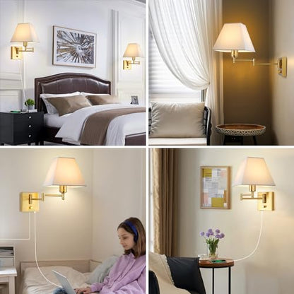 Wall Mounted Lamp Plug in Wall Sconce with Dimmable Switch Swing Arm Wall Lamp Whire Fabric Shade with USB Port Gold Wall Sconce Suitable for Hallway Bedroom Living Room… - color: Gold
