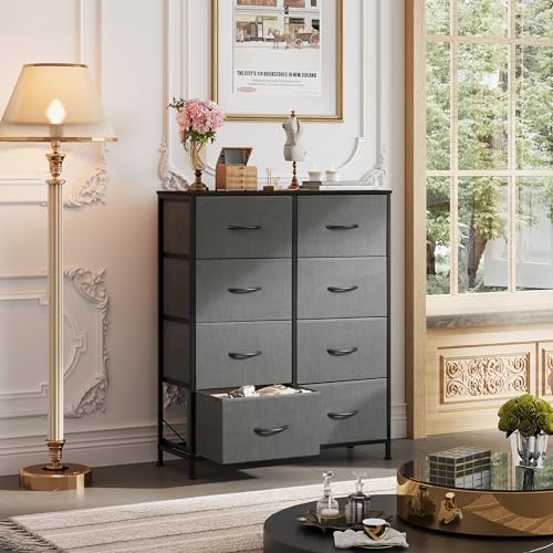 WLIVE Fabric Dresser for Bedroom, Tall Dresser with 8 Drawers, Storage Tower with Fabric Bins, Double Dressers, Chest of Drawers for Closet, Living Room, Hallway, Dark Gray | 8-drawer tall storage tower with fabric bins and wood tabletop, breathable non-w