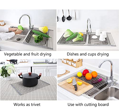 Tomorotec 17.7" x 15.5" Roll Up Dish Drying Rack Over Sink Drying Rack Sink Cover Kitchen Sink Accessories Gadget Multipurpose Organizer Foldable Stainless Steel Drainer (Grey) | Anti-Slip Silicone Rims For Grip, Heat-Resistant Trivet Mat Holding Heavy Co