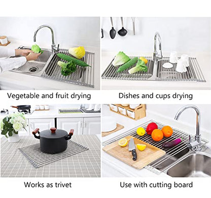 Tomorotec 17.7" x 15.5" Roll Up Dish Drying Rack Over Sink Drying Rack Sink Cover Kitchen Sink Accessories Gadget Multipurpose Organizer Foldable Stainless Steel Drainer (Grey) | Anti-Slip Silicone Rims For Grip, Heat-Resistant Trivet Mat Holding Heavy Co