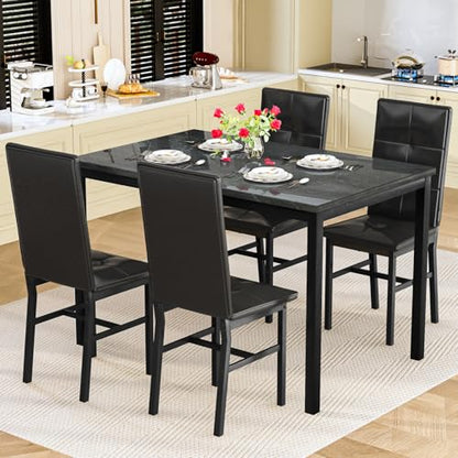 Hooseng Dining Table Set for 4, Faux Marble Small Kitchen Table with 4 PU Leather Chairs, Modern 5 Piece Dinner Table Set for Dining Room, Breakfast Nook, Samll Space, Black - color: Black