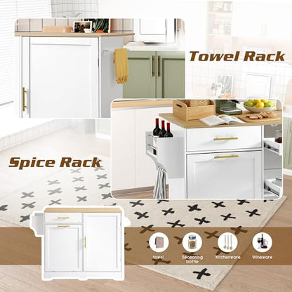48" Kitchen Island with Trash Can Storage & Drop Leaf on Wheels | Rolling Kitchen Island Table Cart Cabinet with Drawer, Mobile Kitchen Cabinet on Wheels w/Spice Rack, Towel Bar, Hooks - color: White, size: 48"