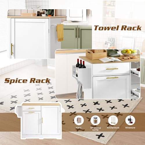 48" Kitchen Island with Trash Can Storage & Drop Leaf on Wheels | Rolling Kitchen Island Table Cart Cabinet with Drawer, Mobile Kitchen Cabinet on Wheels w/Spice Rack, Towel Bar, Hooks - color: White, size: 48"