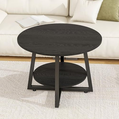 Round Coffee Table with Storage,Metal Small Coffee Table,Black | 2-Tier Circle Small Coffee Table for Living Room, Metal Frame/Wood Look,Modern Sofa Table Center for Home Office - color: Black