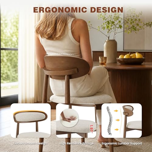 Wooden Dining Chairs Set of 2, Modern Fabric Upholstered Dining Room Chair, Kitchen Side Chairs, Farmhouse Dinner Chair with Curved Back for Kitchen, Beige - color: Beige, size: Set of 2