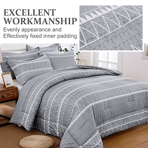 WONGS BEDDING Grey Comforter Set Full, Soft Microfiber Reversible Gray Boho Striped Down Alternative Comforter Set for Full Bed - 3 Pieces (1 Comforter + 2 Pillowcases), Bedding Duvet Set 79"x 90" - color: Gray, size: Full