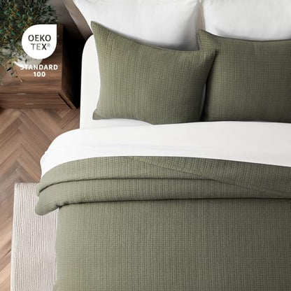 100% Cotton Modern Grid Stitch Quilt Set, Queen Size, Olive Green | Pre-Washed Cotton Coverlet Bedspread, Oversized Lightweight 3-Piece Bedding Set for All Season, with 2 Pillow Shams - color: Olive Green, size: Full/Queen (96" X 94")