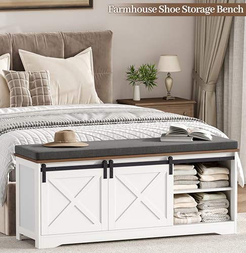 Farmhouse Shoe Storage Bench, Shoe Bench with Slide Barn Doors | 47.2" Entryway Bench with Cushion and Adjustable Shelves, for Bedroom, Closet, Living Room, Hallway, White