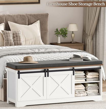 Farmhouse Shoe Storage Bench, Shoe Bench with Slide Barn Doors | 47.2" Entryway Bench with Cushion and Adjustable Shelves, for Bedroom, Closet, Living Room, Hallway, White