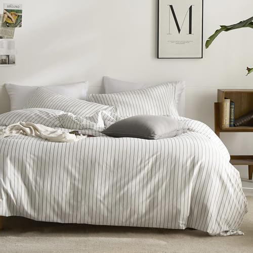 JELLYMONI 100% Cotton Vertical Stripe King Duvet Cover Set, Grey | Breathable and Soft, Classic Stripes, 8 Corner Ties & Double Hidden Zipper, For Master Bedroom & Guest Room - color: White/ Gray, size: King(104"×90")