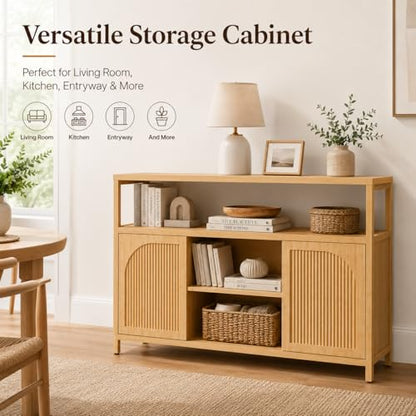Bamboo Buffet Cabinet with Storage, Natural Sideboard Cabinet | 49“ Kitchen Storage Cabinet with 2 Doors and Shelves, Modern Buffet Table for Dining Room, Living Room, Bathroom, Entryway