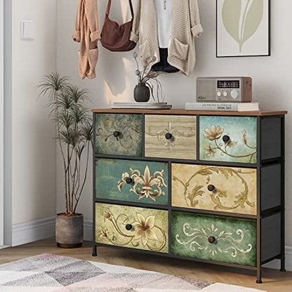 Dresser with Drawers for Bedroom Chest of Drawers Fabric Dresser for Closet,Nursery Entryway Hall Tree TV Stand for Living Room Retro Floral Pattern Drawers Wooden Top (7 Drawers) - size: 11.8"D x 39"W x 31.3"H (7 Drawers)