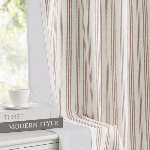 MYSKY HOME Taupe Striped Curtains 100% Blackout 84 Inches Long Farmhouse Rustic Curtains for Bedroom Living Room Tan Stripe Patterned Linen Blend Double Layer Drapes, Grommet, 2 Panels, 52" Wide - color: B-taupe/Blackout, size: 52"W x 84"L (Pack of 2)
