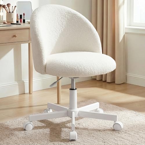 NEO CHAIR Vanity Chair with Wheels, Comfy Adjustable Armless Seat, White | Small Cozy Teddy Fleece, Padded Comfortable Back Support, Durable Base for Makeup, Reading, Computer Use, or Office Tasks - color: White