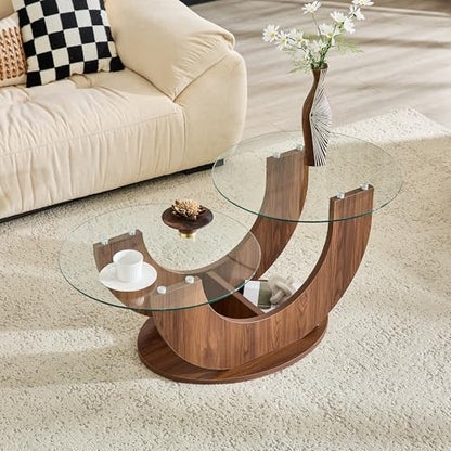 Modern Glass Coffee Table, 31.8" U-Shaped Wood Base Side Table with Tempered Glass Top, 2-Tier Round Accent Table with Walnut Finish for Living Room, Bedroom, Office - color: Walnut, size: 31.8" U-Shaped