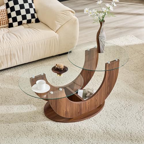 Modern Glass Coffee Table, 31.8" U-Shaped Wood Base Side Table with Tempered Glass Top, 2-Tier Round Accent Table with Walnut Finish for Living Room, Bedroom, Office - color: Walnut, size: 31.8" U-Shaped