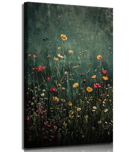 Moody Dark Green Wildflower Canvas Wall Art Vintage Flower Wall Decor 12x16 | Botanical Floral Painting Picture Dark Academia Poster Printing for Bedroom Living Room Home Decoration - size: 16"L x 12"W