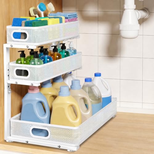 3 Tier Adjustable Under Sink Organizer for Bathroom & Kitchen(1Pack, White) | 35% More Storage, 5 Adjustable Heights, Sliding Pull Out,No Sliding, Heavy-Duty Steel Frame, Multi-Purpose Cabinet Organizer - color: White, size: 1 Pack