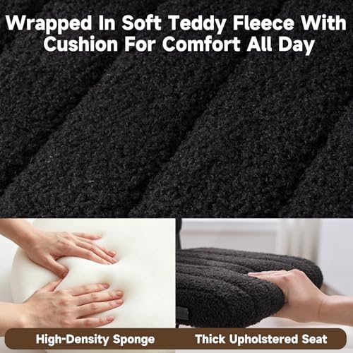 Office Chair Vanity Chair with Wheels | Comfy Desk Chair with Back | Cute Teddy Armless Adjustable Swivel Chair | Small Vanity Stool | for Bedroom Home Computer Task | Black - color: Black