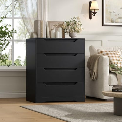 HOSTACK Modern 4 Drawers Dresser, Wood Chest of Drawers with Storage, Black | Black Dresser with Cut-Out Handles, Small Dresser, 4 Drawers Chest, Tall Storage Dresser for Living Room, Apartment, Renter - color: Black